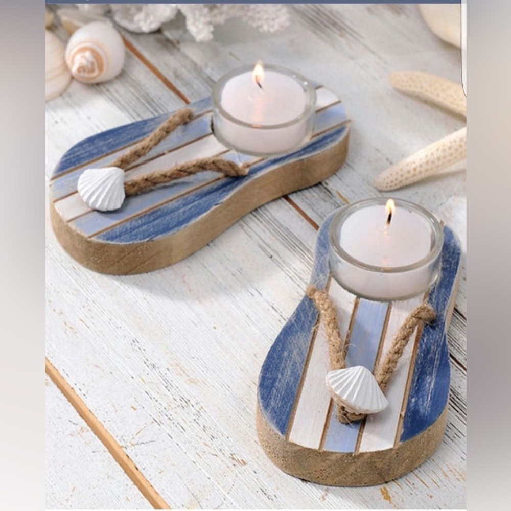 Set of 2 Nautical Blue and White Flip Flop Beach Shell Tea Light Candle Holders